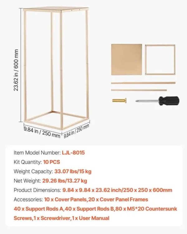 Best Blomsterstativer - Rektangulære Søjler - Sæt med 10 - 60 cm Højde - Metalramme - Til Bryllup og Fest - Guld Blomster