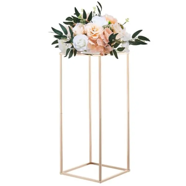 Best Blomsterstativer - Rektangulære Søjler - Sæt med 10 - 60 cm Højde - Metalramme - Til Bryllup og Fest - Guld Blomster