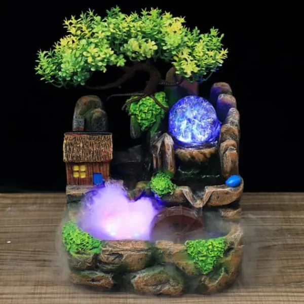 Hot Bordfontæne - Indendørs fontæne - LED-lys - Kunstige træer - Stenlandskab - Cirkulerende vand - 27 x 20 x 16 cm - Harpiks Springvand & Damme