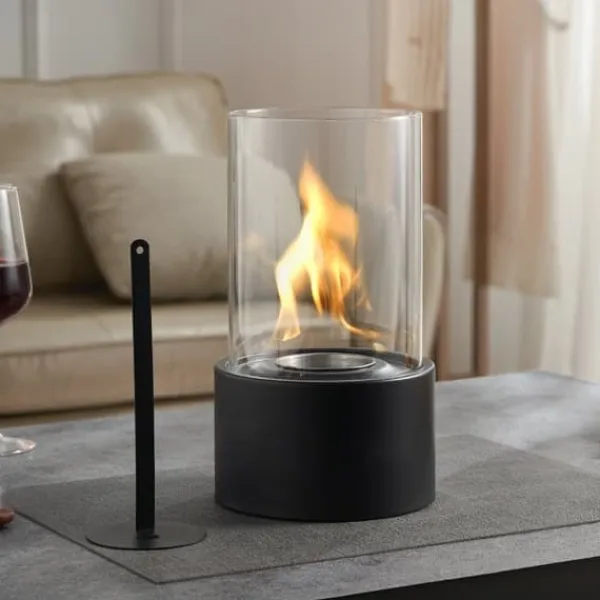 Pejse^Bordplade Pejs, 6 tommer Metal Fire Pit, Indendørs/UDENDØRS, med glas, stilfuld design, sikkert og effektivt varmeelement