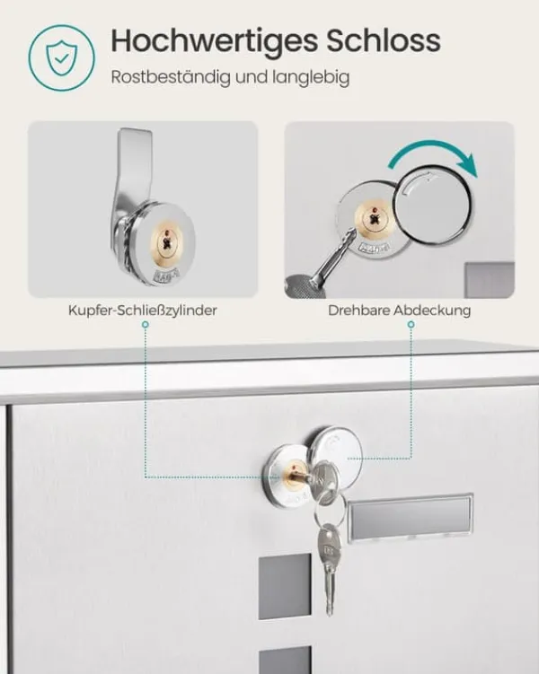 Postkasser & Brevindkast^Brevkasse med låsecylinder i sølvfarvet kobber