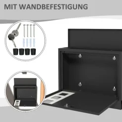 Brevspring med avisfack, vindue og 2 nøgler – sort metal 36,5×11,5×29 cm Postkasser & Brevindkast