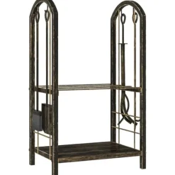 Discount Brændestativ 43×30×74 cm, 2 niveauer, med 4 pejseværktøjer og kroge Tilbehør Til Brændeovne & Pejse