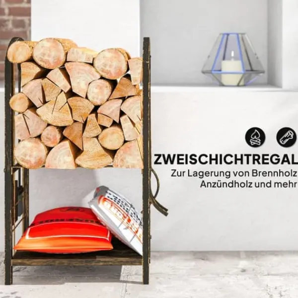 Discount Brændestativ 43×30×74 cm, 2 niveauer, med 4 pejseværktøjer og kroge Tilbehør Til Brændeovne & Pejse