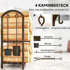 Discount Brændestativ 43×30×74 cm, 2 niveauer, med 4 pejseværktøjer og kroge Tilbehør Til Brændeovne & Pejse