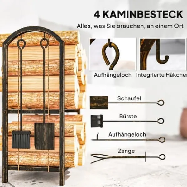 Discount Brændestativ 43×30×74 cm, 2 niveauer, med 4 pejseværktøjer og kroge Tilbehør Til Brændeovne & Pejse