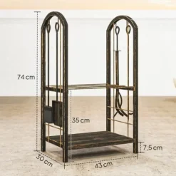 Tilbehør Til Brændeovne & Pejse^Brændestativ 43×30×74 cm, 2 niveauer, med 4 pejseværktøjer og kroge