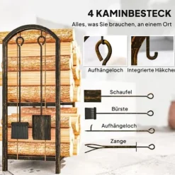 Tilbehør Til Brændeovne & Pejse^Brændestativ 43×30×74 cm, 2 niveauer, med 4 pejseværktøjer og kroge