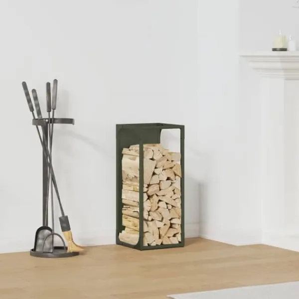 Outlet Brændestativ i koldvalset stål - Stabil brændeopbevaring | Farve: Olivengrøn | Størrelse: 25x25x60 cm Tilbehør Til Brændeovne & Pejse