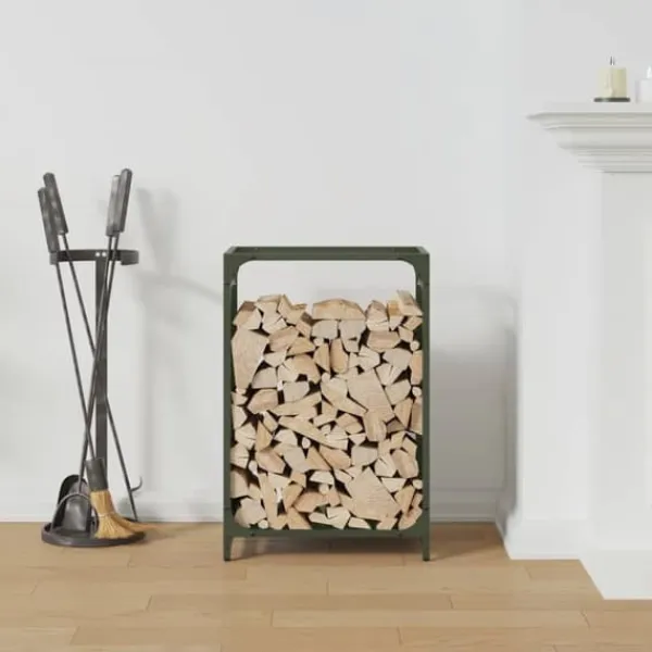 Tilbehør Til Brændeovne & Pejse^Brændestativ i koldvalset stål - Robust brændeholder | Størrelse: 44x28x65 cm | Farve: Olivengrøn