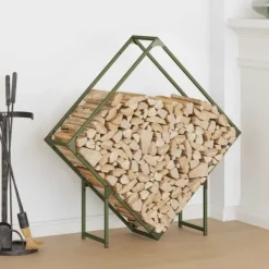 Tilbehør Til Brændeovne & Pejse^Brændestativ i koldvalset stål - Robust brændeopbevaring | Størrelse: 100x25x100 cm | Farve: Olivengrøn