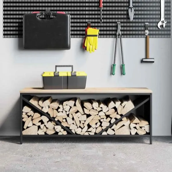 Discount Brændestativ med trætop - Robust brændereol | Størrelse: 100,5x35,5x40 cm | Farve: Sort Tilbehør Til Brændeovne & Pejse