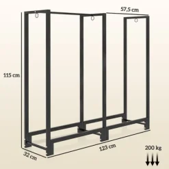 Online Brændestativ pejsebrænde stål sort 123x32x115 cm, 2 rum, 3 kroge, indendørs/udendørs, op til 200 kg Tilbehør Til Brændeovne & Pejse