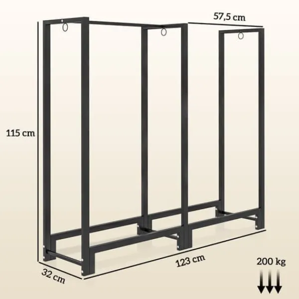Online Brændestativ pejsebrænde stål sort 123x32x115 cm, 2 rum, 3 kroge, indendørs/udendørs, op til 200 kg Tilbehør Til Brændeovne & Pejse