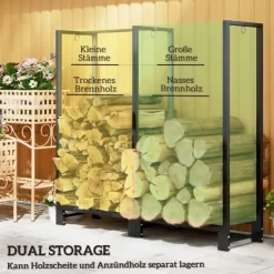 Online Brændestativ pejsebrænde stål sort 123x32x115 cm, 2 rum, 3 kroge, indendørs/udendørs, op til 200 kg Tilbehør Til Brændeovne & Pejse