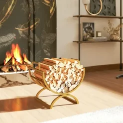 Discount Brændestativ til indendørs brug 46×36×41 cm til pejs/ovn, metal, guld Tilbehør Til Brændeovne & Pejse