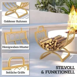 Tilbehør Til Brændeovne & Pejse^Brændestativ til indendørs brug 46×36×41 cm til pejs/ovn, metal, guld