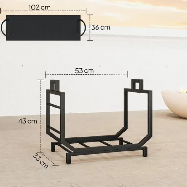 Online Brændestativ til indendørs opbevaring, 53 x 33 x 43 cm, brændestativ med bæretaske, metal, sort Tilbehør Til Brændeovne & Pejse
