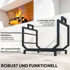 Online Brændestativ til indendørs opbevaring, 53 x 33 x 43 cm, brændestativ med bæretaske, metal, sort Tilbehør Til Brændeovne & Pejse