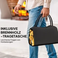 Online Brændestativ til indendørs opbevaring, 53 x 33 x 43 cm, brændestativ med bæretaske, metal, sort Tilbehør Til Brændeovne & Pejse
