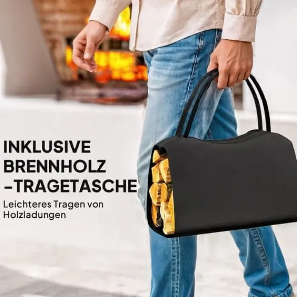 Online Brændestativ til indendørs opbevaring, 53 x 33 x 43 cm, brændestativ med bæretaske, metal, sort Tilbehør Til Brændeovne & Pejse