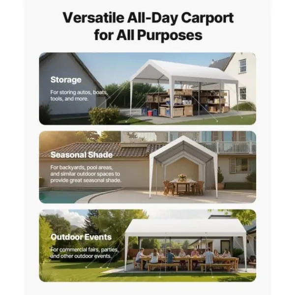 Skure, Garager & Carports^Carport Biloverdækning 10 x 20 FT, Kraftig Bærbar Biloverdækningstelt, Hvid Farve, Modstandsdygtig Mod Vejrforhold