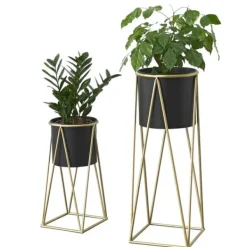 Best [casa.pro]® Plantestativ sæt - 2 stk. - med indbyggede krukker - 47x21,5cm - 71x26,5cm - metal / messing-sort Plantestativer