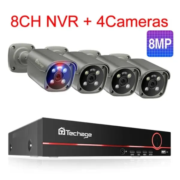 Sale CCTV Videoovervågning, To-vejs lyd, Smart AI Ansigtsgenkendelse, Ingen, 8CH 4 stk 8MP kamera Sikkerhedsmonitorer & Videokameraer