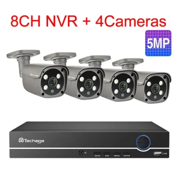Sikkerhedsmonitorer & Videokameraer^CCTV Videoovervågning, To-vejs lyd, Smart AI Ansigtsgenkendelse, 2T, 8CH 4 stk 5MP kamera