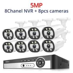 Outlet 8CH NVR Sikkerhedskamera System, 4K Opløsning, AI Menneske Detektion,1T, 8CH NVR 8PCS KAMERA 5MP Sikkerhedsmonitorer & Videokameraer
