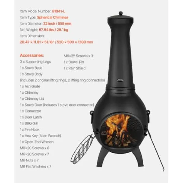 Outlet Chiminea, Kugleformet udendørs pejs, 52x50x130 cm, Sort, Aluminium Pejse