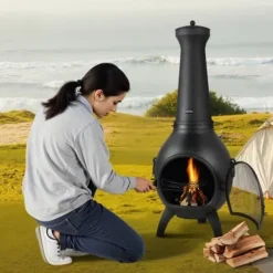 Hot Chiminea, Kugleformet udendørs brændefyret ildsted, 43x42x112 cm, Sort Pejse