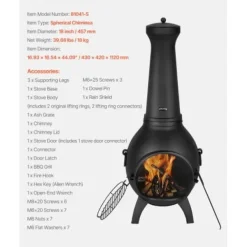 Hot Chiminea, Kugleformet udendørs brændefyret ildsted, 43x42x112 cm, Sort Pejse