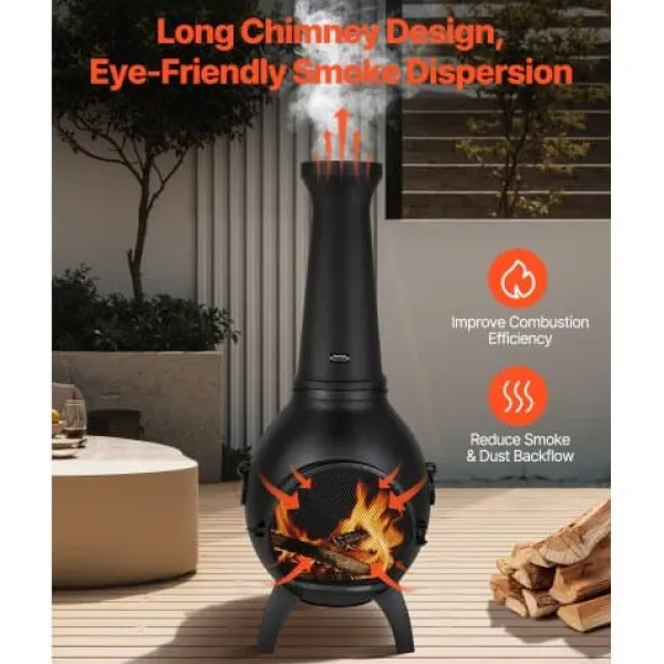 Hot Chiminea, Kugleformet udendørs brændefyret ildsted, 43x42x112 cm, Sort Pejse