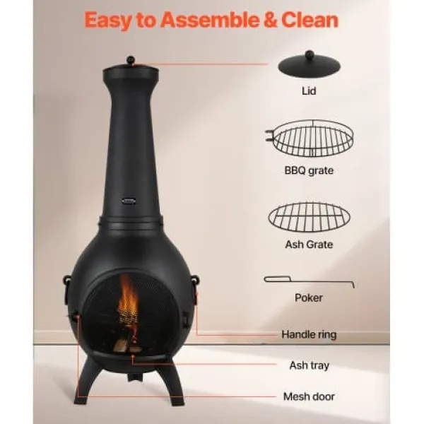 Hot Chiminea, Kugleformet udendørs brændefyret ildsted, 43x42x112 cm, Sort Pejse