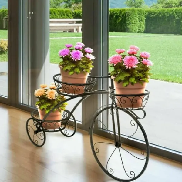 Plantestativer^Cykel Plante Stativ, 3-etagers Design, Smedejern Materiale, Sort