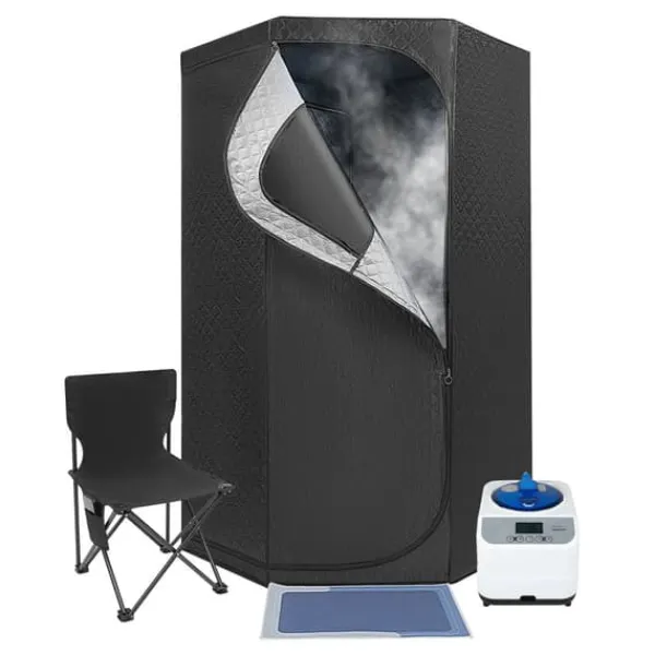 Sauna^Dampsauna til Hjemmet - Bærbart Femkantet Telt Sæt - 1350 W Dampgenerator - Sammenklappelig Stol - Digital Styring - 9 Varmeniveauer