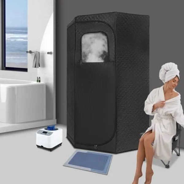 Sauna^Dampsauna til Hjemmet - Bærbart Femkantet Telt Sæt - 1350 W Dampgenerator - Sammenklappelig Stol - Digital Styring - 9 Varmeniveauer