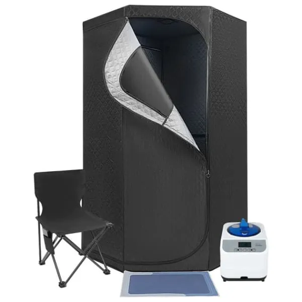 Sauna^Dampsauna til Hjemmet - Bærbart Femkantet Telt Sæt - 1350 W Dampgenerator - Sammenklappelig Stol - Digital Styring - 9 Varmeniveauer