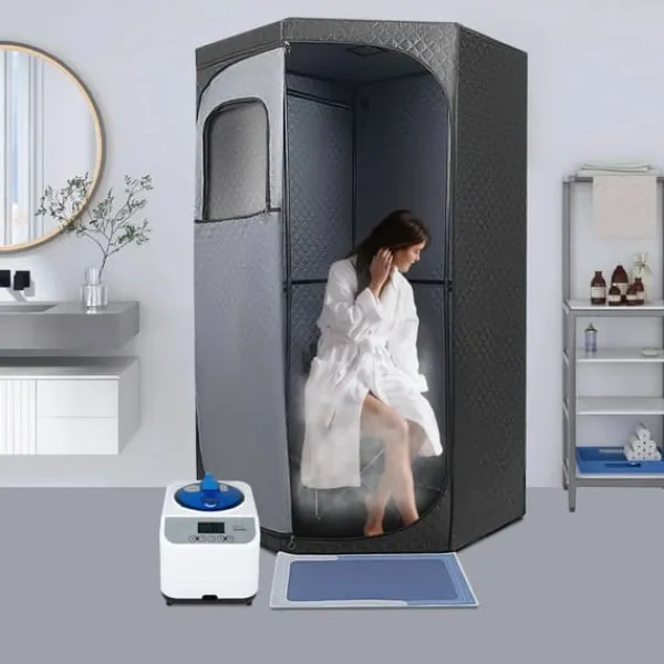 Sauna^Dampsauna til Hjemmet - Bærbart Femkantet Telt Sæt - 1350 W Dampgenerator - Sammenklappelig Stol - Digital Styring - 9 Varmeniveauer