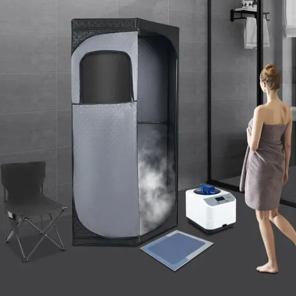 Sauna^Dampsauna til Hjemmet - Bærbart Femkantet Telt Sæt - 1350 W Dampgenerator - Sammenklappelig Stol - Digital Styring - 9 Varmeniveauer