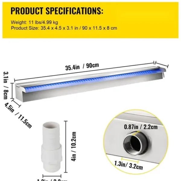 Springvand & Damme^Dekorativt vandfaldsbassin i rustfrit stål: 35,4" x 4,5" x 3,1" med LED strip lys til indendørs og udendørs havedam.