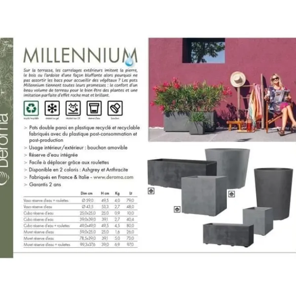 Krukker & Plantebeholdere^DEROMA Muret Millennium R plantekasse - Askegrå - 99 x h39 cm - Med vandreserve - Hjul