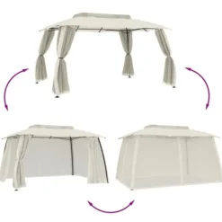 Telte & Lysthuse^Dobbelt tag pavillon 3,93x2,93 m med meshvægge | Farve: Creme | Stål рамme