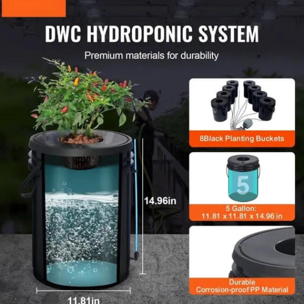 Kit Til Plante- & Urtedyrkning^DWC Hydroponics dyrkessystem, Deep Water Culture, 8 spande med luftpumpe, effektiv vandkultur, let at bruge