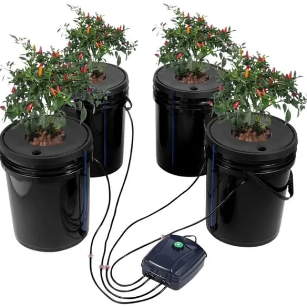 Kit Til Plante- & Urtedyrkning^DWC Hydroponics Vækstsystem, Deep Water Culture, 4 Spande med Luftpumpe, Effektiv Vanding, Hurtig Vækst