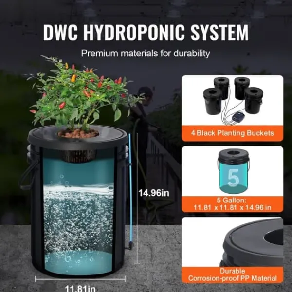 Kit Til Plante- & Urtedyrkning^DWC Hydroponics Vækstsystem, Deep Water Culture, 4 Spande med Luftpumpe, Effektiv Vanding, Hurtig Vækst