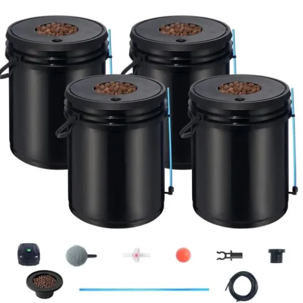 Kit Til Plante- & Urtedyrkning^DWC Hydroponics Vækstsystem, Deep Water Culture, 4 Spande med Luftpumpe, Effektiv Vanding, Hurtig Vækst
