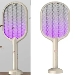 Fluesmækkere^Elektrisk 2-i-1 USB genopladelig fluesmækker med 3-lags mesh - hvid
