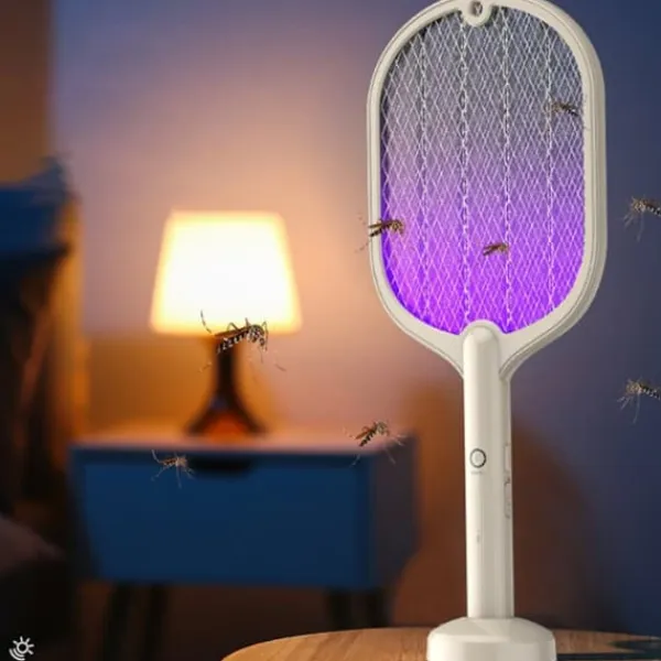 Fluesmækkere^Elektrisk 2-i-1 USB genopladelig fluesmækker med 3-lags mesh - hvid